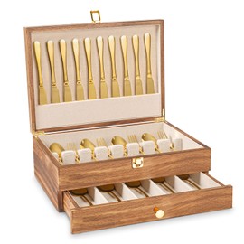 Yoimori Silverware Storage Box, 2-Layer Flatware Storage Case with Drawer, Wooden Silverware Chest with Linen Liner, Rustic Silverware Case for Storing Fine Flatware and Utensils (Brown)