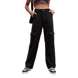 THWEI Cargo Pants for Women High Waisted Casual Baggy Stretchy Wide Leg Y2K Streetwear with 6 Pockets Black M