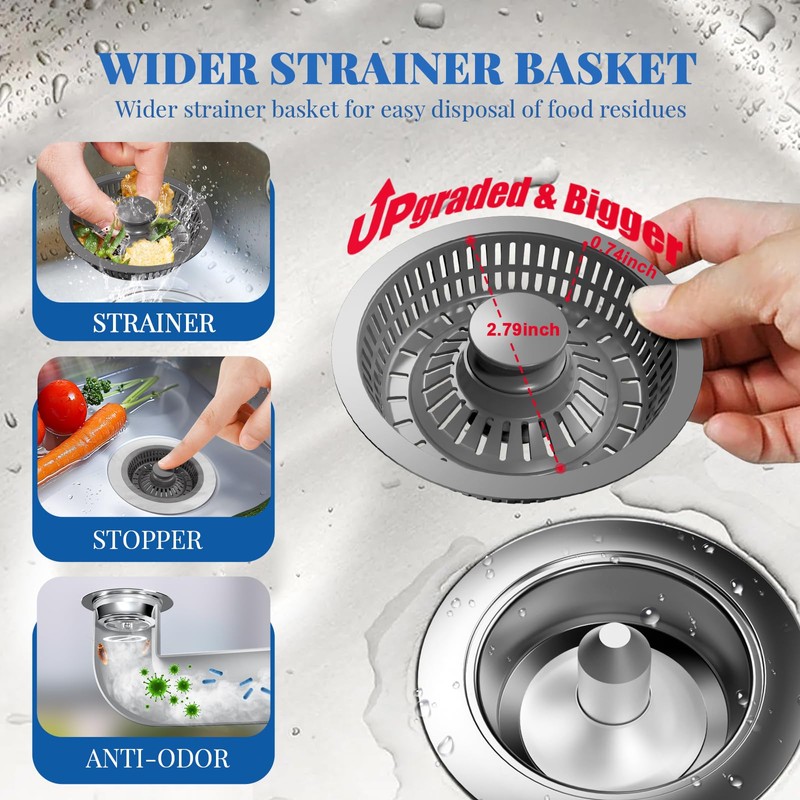 Upgraded 3in1 Kitchen Sink Drain Strainer & Sink Stopper,304 Stainless