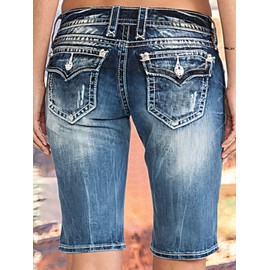 Flamingals Women's Button Fly Ripped Denim Shorts Without Belt Mid Waist Casual Shorts Navy L