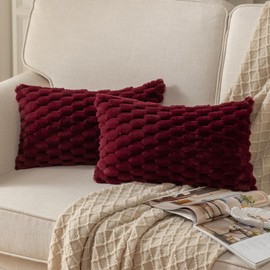 Mandioo Pack of 2 Burgundy Super Soft Plush Decorative Cushion Covers 12x20 inch 30x50 cm Wool Velvet Throw Pillow Covers cases Faux Fur fluffy Couch Sofa Bed Livingroom