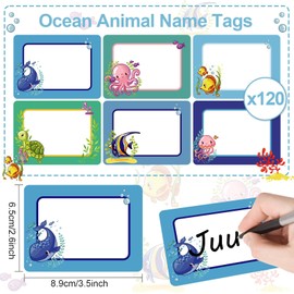 120pcs Ocean Sea Animal Name Tag Labels Stickers Classroom Multi Purpose Under The Sea Desk Name Tag Stickers Colorful Adhesive Name Sticker for School Students Offices Home Group Events 2.6x3.5 inch