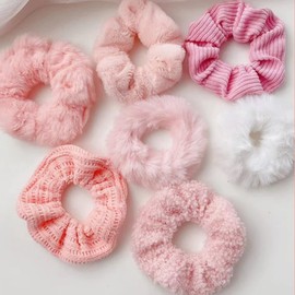 HAPVITAL (7 Pcs) Hair Ornaments Hair Elastic Scrunchie Hair Bands Adult Faux Rabbit Fur Scrunchie Elastic Hair Tie Fluffy Ponytail Holder for Women or Girls Anti-Static Hair Friendly Gift (Pink)