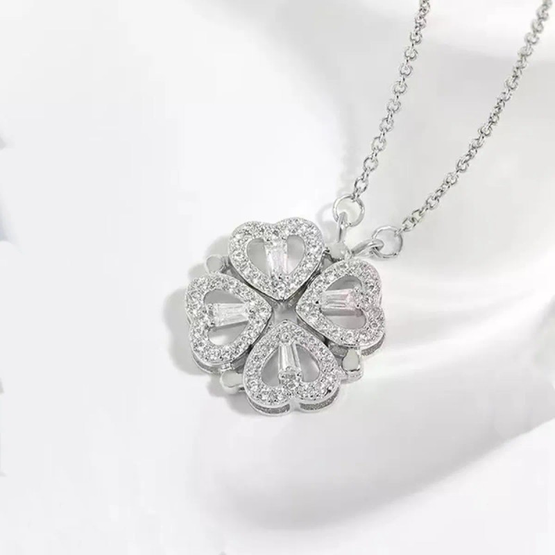 Collar Convertible Plata 925 Corazón Y Trébol De 4 Hojas