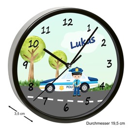 CreaDesign, WU-01-1049 Police Wall Clock for Children's Room, Customisable with Name, Black Frame, Diameter 19.5 cm