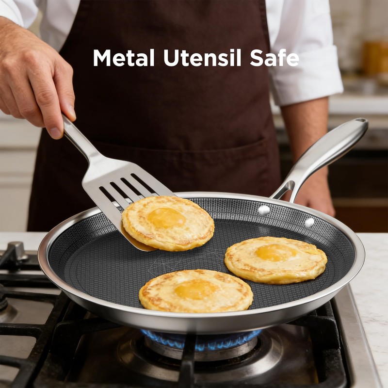 9.5" Crepe Pan Nonstick, 3-Ply Stainless Steel Omelet Skillet