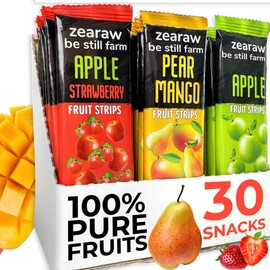 ZEARAW Healthy Fruit Snacks for Adults and Kids – 30 Fruit Leather with Dried Apple, Apple-Strawberry, Pear-Mango – Vegan Low-Carb Variety Pack Strips for Kids – Sugar Free Bars