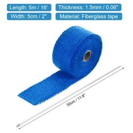 MECCANIXITY Fiberglass Exhaust Wrap Tape, 2" x 16' Blue Header Heat Wrap with 4 Stainless Ties for Hot Rods and Motorcycle