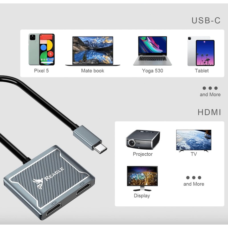 Reagle USB-C HUB Adapter - Dual HDMI 4K, 100W PD,