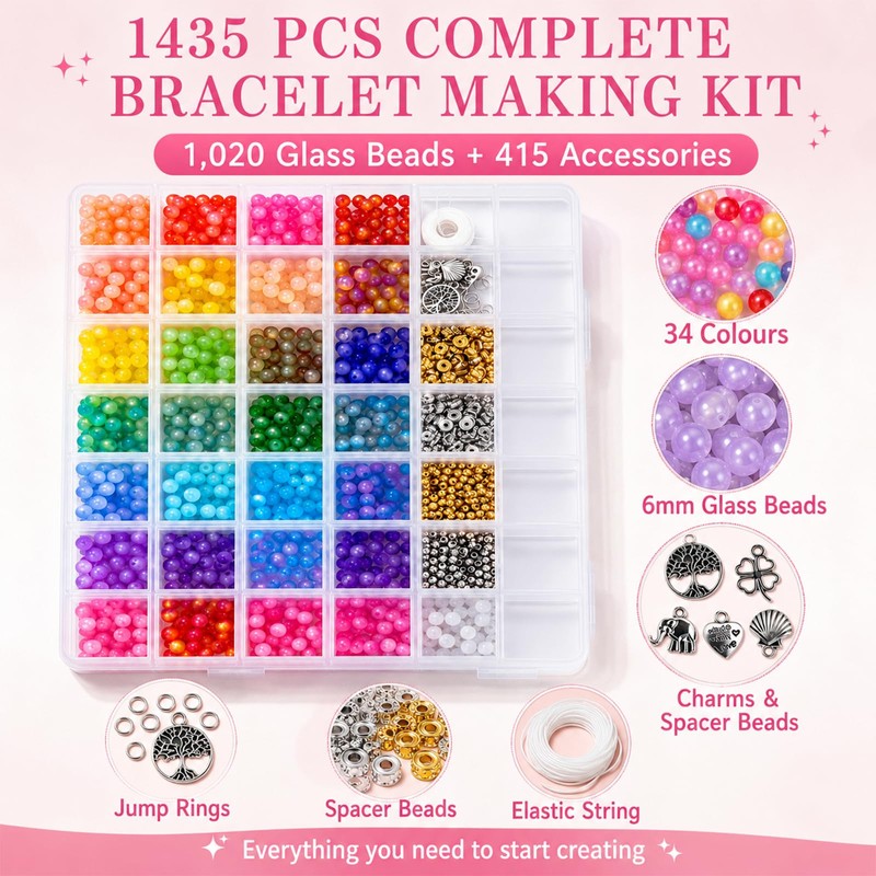 1435 Pcs Glass Beads for Bracelet Making kit, 34 Colours