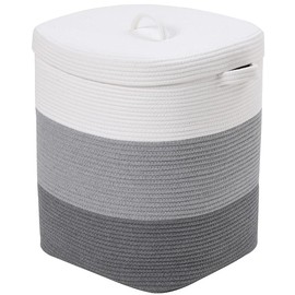 16”x16”x20” Rectangular Extra Large Storage Basket with Lid, Cotton Rope Storage Baskets, Laundry Hamper, Cloth Bin, for Clothes Towels Blankets Storage in Living Room, Light Grey/Grey