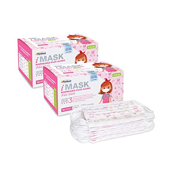 Pac-Dent iMask Premium ASTM Level 3 Kid Face Masks with Adjustable Nose Piece and Soft Ear Loops, 100-Pack (2 Packs of 50) (Pink)