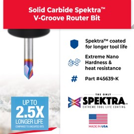 Amana Tool 45639-K SC Spektra Extreme Tool Life Coated V-Groove 90 Deg x 1/4 D x 25/64 CH x 1/4 Inch SHK 3-Flute Router Bit