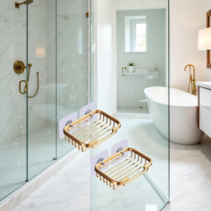 2Pcs Gold Soap Dish for Shower Creative Hanging Drain Rack,