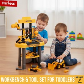 Toddler Workbench & Tool Set with Battery-Operated Drill - Includes 2 Big Take-Apart Trucks & Realistic Tools, Construction Tool-Bench Toy for Kids 3-5, Toolbox Gift for Boys 3 4 5 Years Old