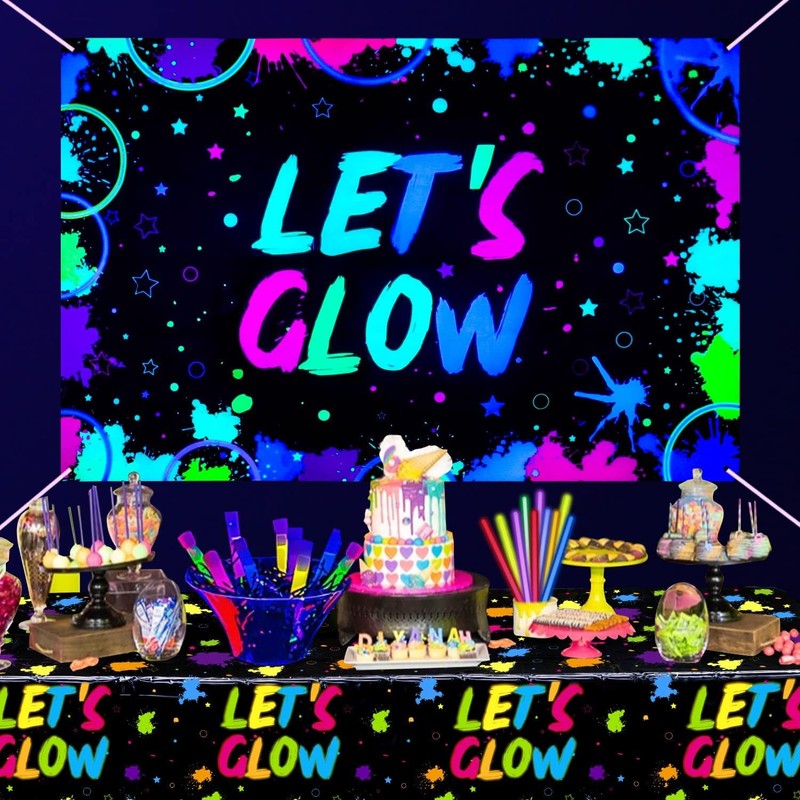 Glow Neon Birthday Backdrop - Let's Glow Banner for Black