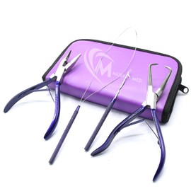 MuskalMed Professional Hair Extension & Beading Tool Kit Remove Plier Set for beads (4 Piece) I-Link Micro Ring Loop Needle Pulling Hook Threader Wire for Silicone Rings (Purple)