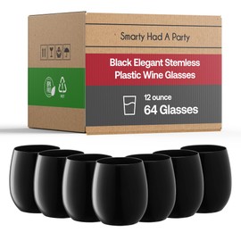 Smarty Had A Party Elegant Plastic Wine Glasses Disposable, Clear Disposable Cups, Durable Disposable Cocktail Cups, Party Cups (64 Glasses - Black)