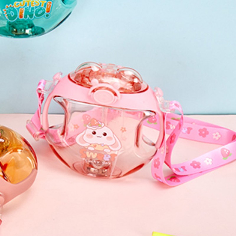 450ml Kids Water Cup with Handle and Lanyard Plastic Straw