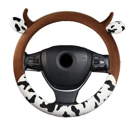 Cow Plush Car Steering Wheel Cover Universal Fit 15in Non-Slip Cute Cow Print Steering Wheel Protector Pad Soft Elastic Circular Steering Wheel Car Decor for Auto SUV Sedan Van Truck Men Women