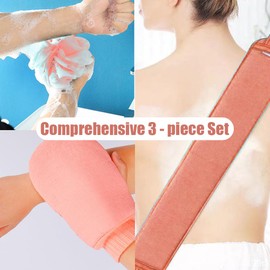 Ouliget Back Scrubber Bathing Tool Set,Extra Long Exfoliating Washcloth Bathing Pull Back Strip & Double-Sided Exfoliating Glove & Bath Loofah Sponge,Deep Clean and Massage Your Body,3 Pcs