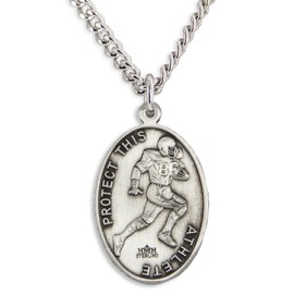 Heartland Store Men's Sterling Silver Oval Saint Christopher Football Medal + 24 Inch Endless Rhodium Plated Chain| USA Made