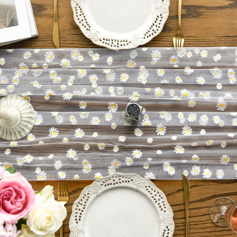 Artoid Mode White Daisy Summer Gauze Table Runner 120 Inch