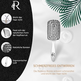 Hair Brush, Wild Boar Bristles, For All Hair Types, Painless Detangling, Scalp Massage Brush, Hair Brush Without Pulling, Detangler Brush, Ideal for Children and Perfect for Women (White)