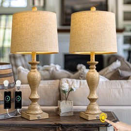 PORTRES 25.75" Farmhouse 3-Way Dimmable Table Lamp Set of 2 Touch Control Bedside Lamps Nightstand Lamps for Living Room Rustic Bedroom Lamps End Table Lamps with USB C+A (Retro Beige)