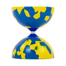 Juggle Dream Jester Diabolo Set with Wood Sticks - Pro Medium Rubber Diablo Set With Wooden Handsticks and Cascade Carry Bag (Blue and Yellow)