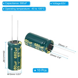 PATIKIL 63V 680uF Electrolytic Capacitors, 10Pcs 13x25mm Aluminum High Frequency Electrolytic Capacitors for TV, LCD Monitor, Refrigerator, Circuit Boards, Green