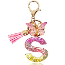 Yanmucy Alphabet Keyring Rings Purple Cute Keychain with Butterfly Tassel Pendant Initial Letters Resin keyrings keychains for bag charm name keychain Women Girls Bag Dec (S)