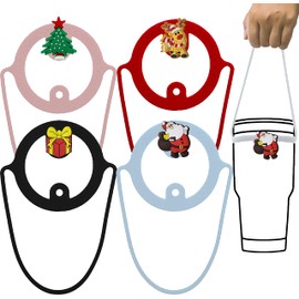 4 Pieces Christmas Theme Silicone Tumbler Carrier Holder, Portable Cup Carrier Holder, Reusable Coffee Carrier with Handle Tie Hand Strap for Traveling and Take Out (Black, Red, White, Pink)