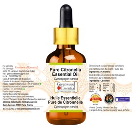 Greenwood Essential Natural Pure Citronella Essential Oil (Cymbopogon Nardus) with Glass Dropper Natural Pure Therapeutic Quality Steam Distilled 10 ml (0.33 oz)