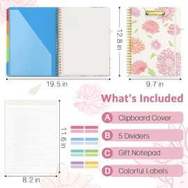 Sooez Clipboard Folio with Refillable Notepad, Clipboard Folder with 10 Storage Pockets for Letter Size, Spiral Clipboard Notebook, Cute Portfolio for School Office Nursing, Pink Daisy