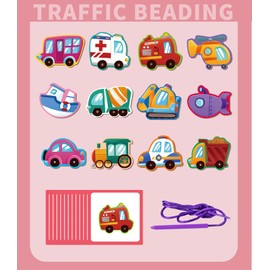 JAQI Montessori Educational Wooden Threading Stringing Toys Dinosaurs Traffic Space Insects Animals Fruits Lacing Beads Preschool Learning Toys for Toddler for Boys Girls (Traffic)