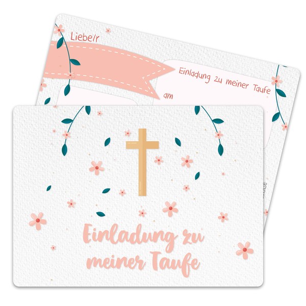 Papierdrachen 12 Christening Invitation Cards – Cross and Flowers –