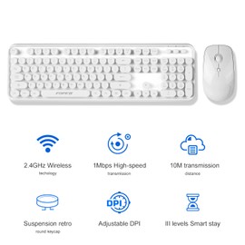 FOPETT Wireless Keyboard and Mouse Combo, 104 Keys Full-Sized 2.4 GHz Round Keycap Colorful Keyboards, USB Receiver Plug and Play, for Windows, Mac, PC, Laptop, Desktop (White)