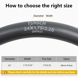 YunSCM 1 Pack 24" x 1.90/2.125 Butyl Rubber Bicycle Inner Tube 48mm American Valve Nozzle