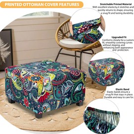 TOPHMDECOR Large Ottoman Cover Square Slipcovers Printed,Stretch Footrest Stool Cover for Ottoman Square,Soft Foot Stool Cover Protector with Nonslip Elastic Bottom (Large,Navy&Green)