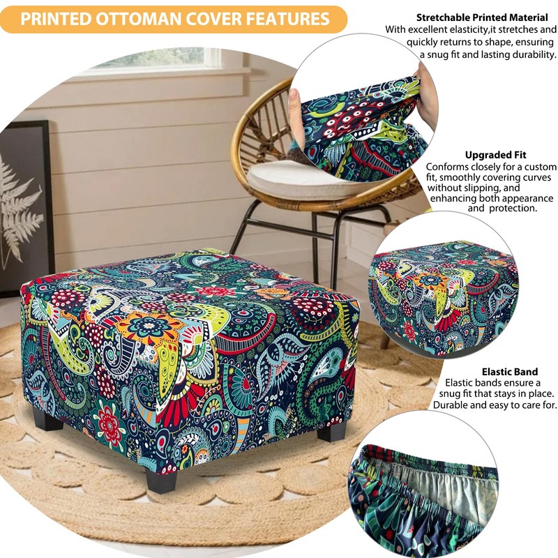 TOPHMDECOR Large Ottoman Cover Square Slipcovers Printed,Stretch Footrest Stool Cover