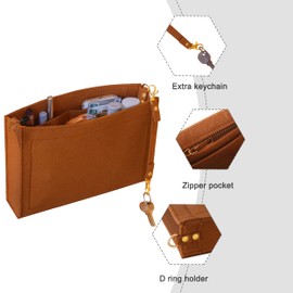 Soyizom Toiletry Pouch 19 26 Bag Organizer Insert for Cosmetics Tidy Organizer,Felt Purse Organizer Insert Ladies Tote Handbag Liner Pocket Organizer with Keychain & Gold Buckle & Zip(Small-19,Brown)
