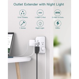 Surge Protector, Outlet Extender with Night Light, Addtam 5-Outlet Splitter and 4 USB Ports(1 USB C), Multi Plug Wall Outlet for Home Office Dorm Room Essentials