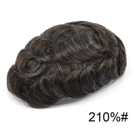 Mens Toupee Wigs Invisible Mens Hair Replacement Poly Hairpiece V-loop 0.04mm Thin Skin Human Hair System Brown Man Hair Unit Gray Wig for Men(8"x10",#210 Darkest Brown+10%Gray-100% Light to Med-Light