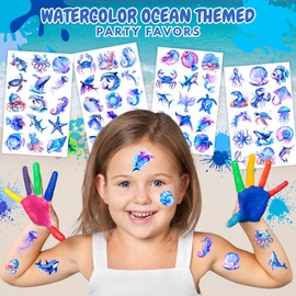 Watercolor Ocean Animals Temporary Tattoos for kids - 60pcs Temporary for Girls & Boy Body Arm Shoulder Tattoos Stickers, Party Decorations & Favors, Prize Supplies
