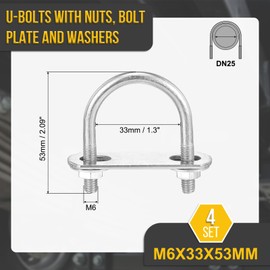DTGN M6x33x53mm U Bolts Round Kit - 4Set - 304 Stainless Steel U-Bolt Kit with Nuts, Washers, Frame Plate - Good for DN25 Pipe, Trailer, Automotive, Leaf Spring Fastener