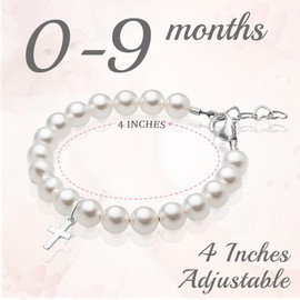 Baby Crystals Sterling Silver Cross Charm Bracelet for Girls Christening, Baptism Gifts, Girls Jewelry with White Simulated Pearl Bracelets for Girl, Newborn, Infant, Toddler, Teens