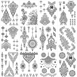 12 Blätter Schwarz Temporäre Tattoos Frauen Mädchen, Spitze Temporäre Aufkleber, Tattoo Stickers, für Arm und Handgelenk wasserdichte sexy schwarze Armband-Körperdekorationen für Frauen