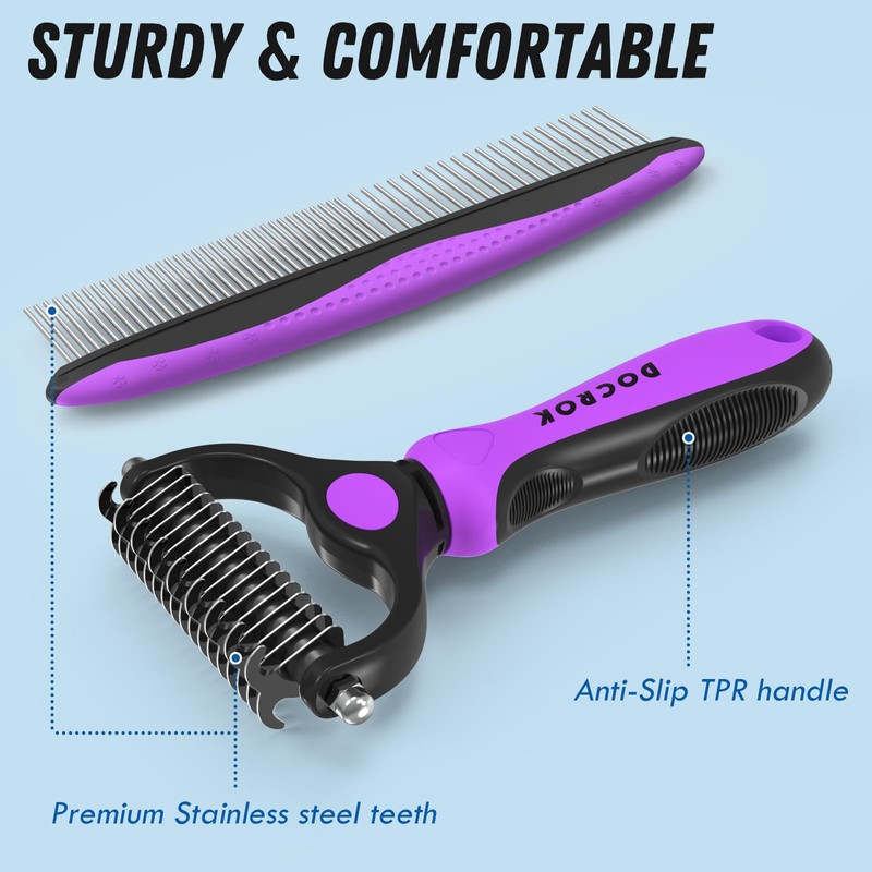 Docrok Pet Grooming Brush and Metal Comb Combo - Undercoat