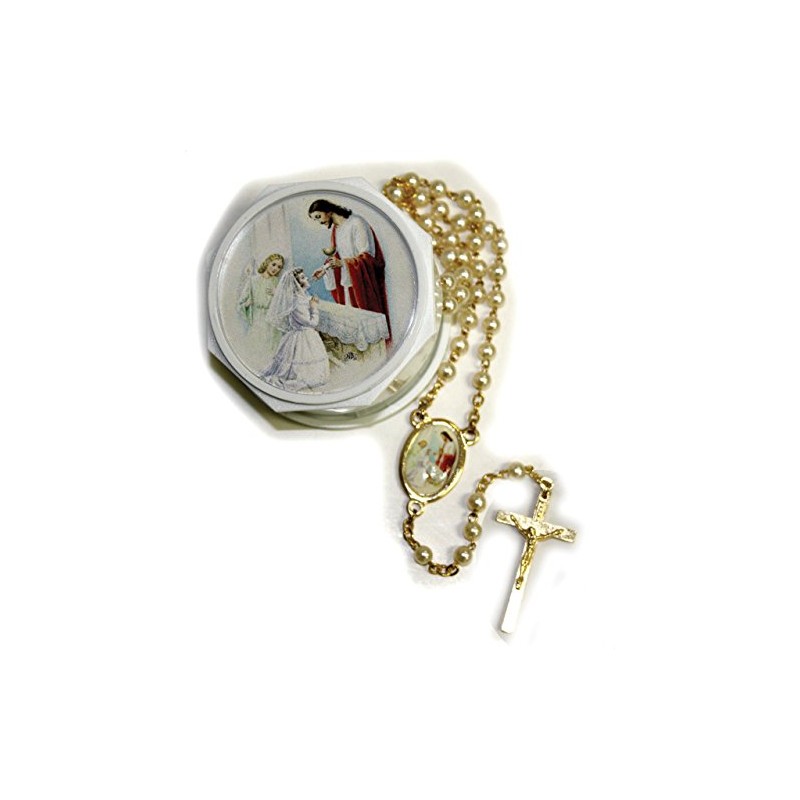 Girls First Holy Communion Pearl Bead Rosary and Case